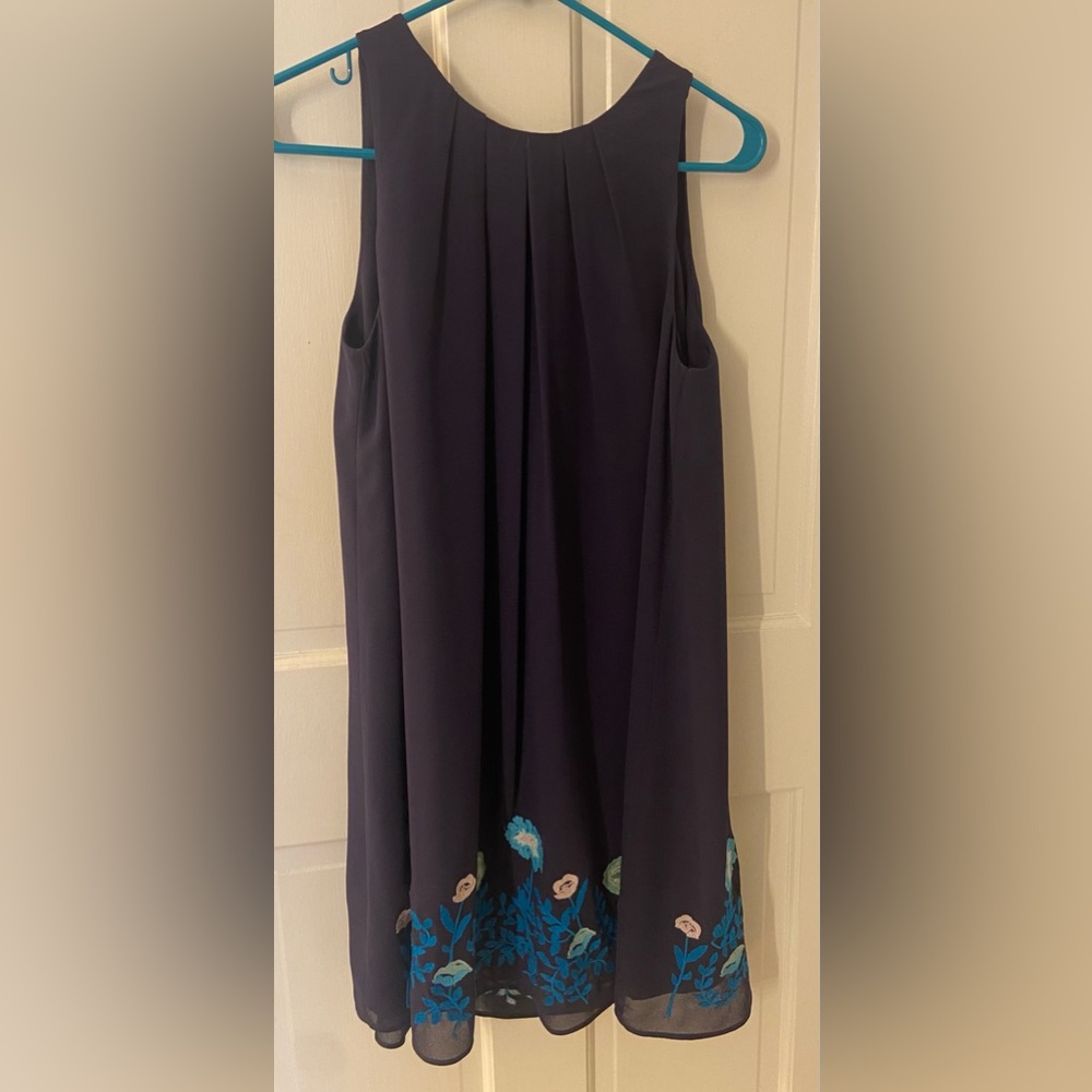 LOFT Outlet Navy A-Line Chiffon Dress with Embroidered Floral Hem